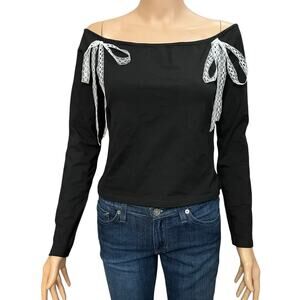Edikted Lace Bow Off The Shoulder Top Large Black Coquette Long Sleeve Casual